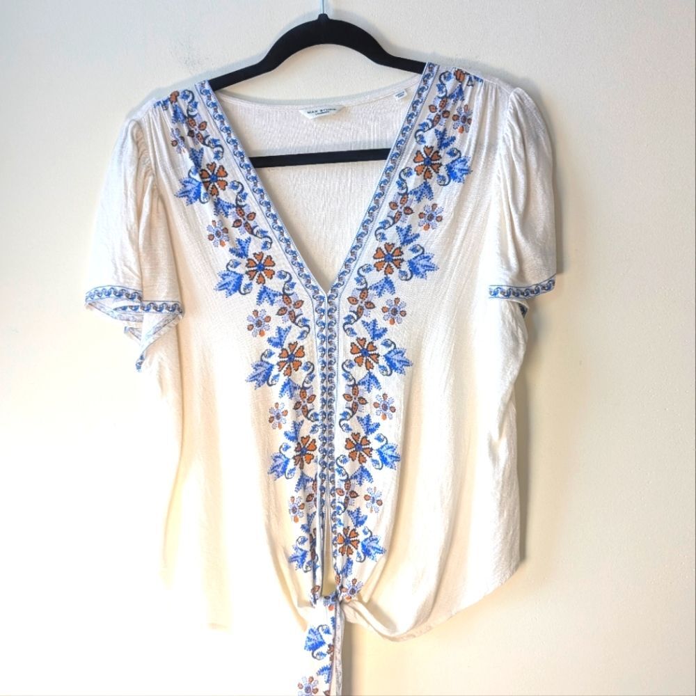 Max Studio Floral Tie Front Top In Cream Blue Multi Size Small